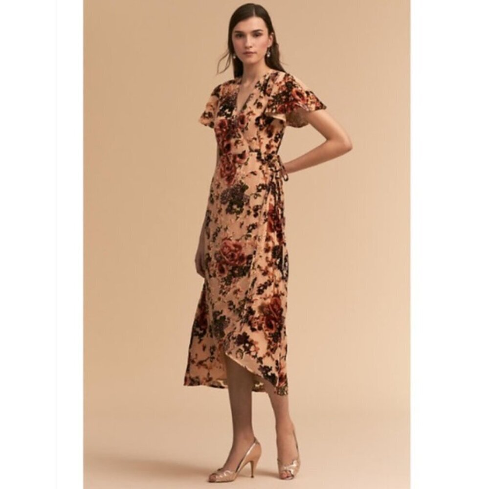 BHLDN Anthro Blush Velvet Burnout Floral Wrap Midi Dress Wedding Bridesmaid MED - Picture 2 of 12